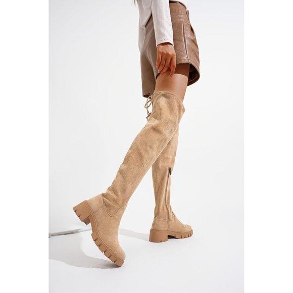 Women's Platform Boots-990-sand Over The Knee Thigh High Round Toe Long Boot - Picture 2 of 8